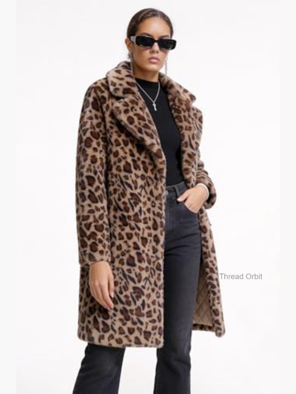 Faux Fur Open Front Coat Long Sleeve Loose Fit Jacket - Picture 2 of 7